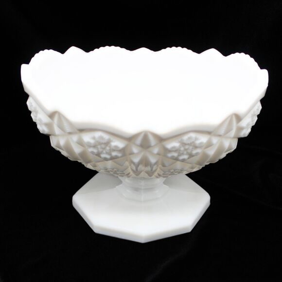 Vintage Kemple Pedestal Milk Glass Centerpiece Fruit Bowl Planter Toltec Pattern - Picture 2 of 8
